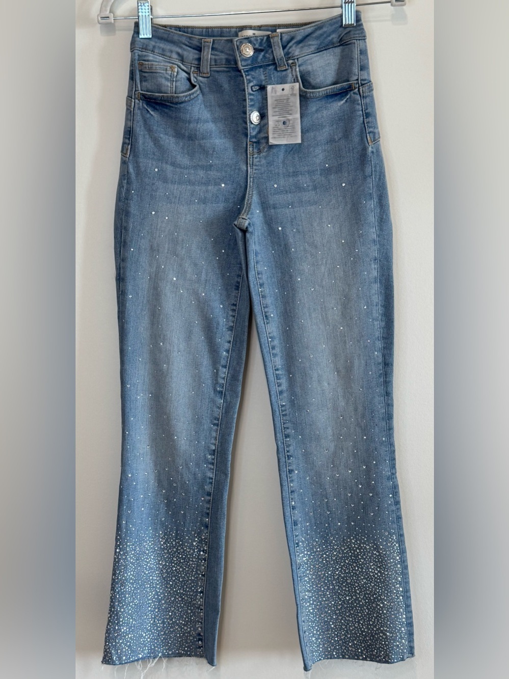 NEW Liu Jo Rebel Queen Women’s Blue Rhinestone Embellished Raw Hem Jeans Size 22